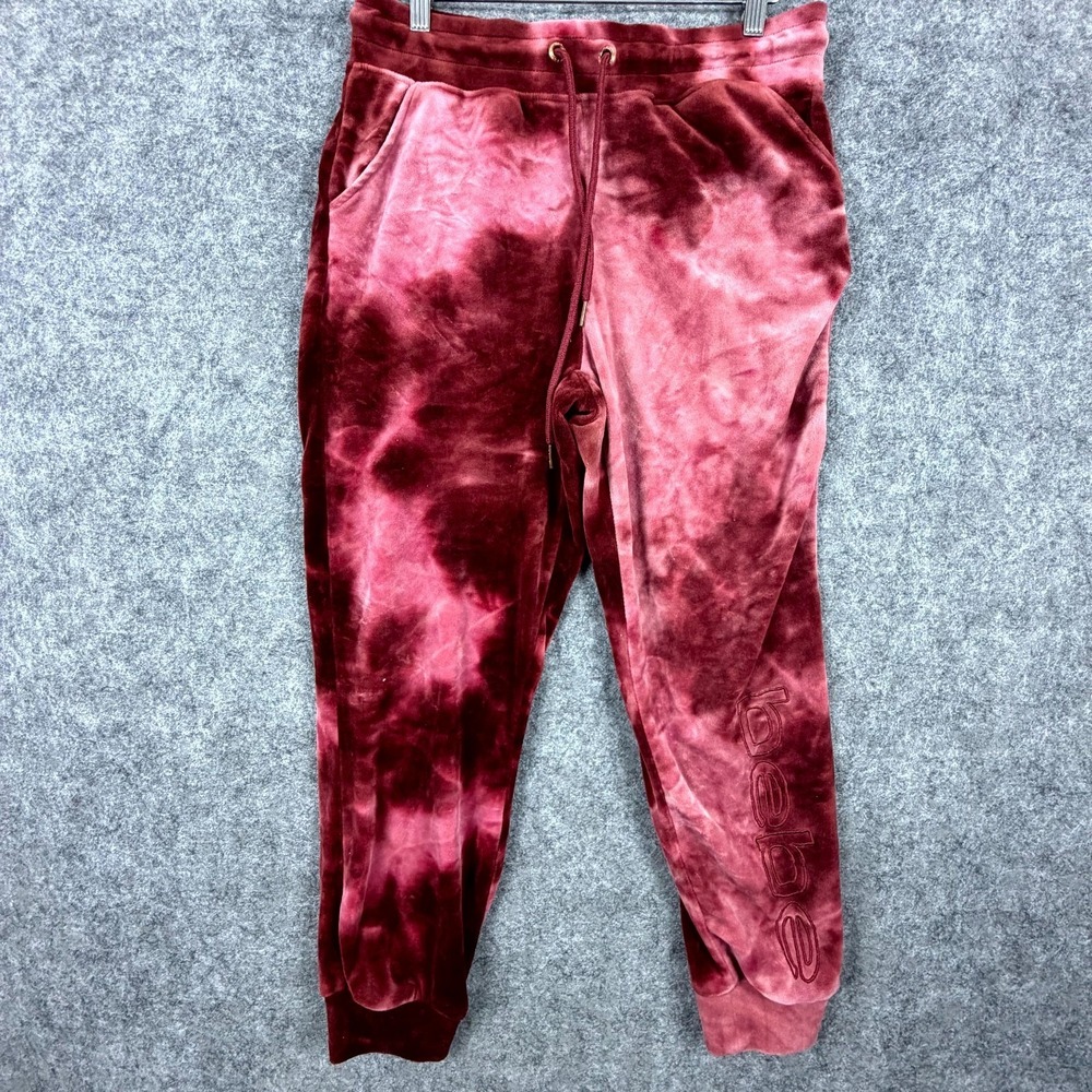 Bebe Sport Sweatpants Womens Large Burgundy Tie Dye Logo Drawstring Tapered Leg‎